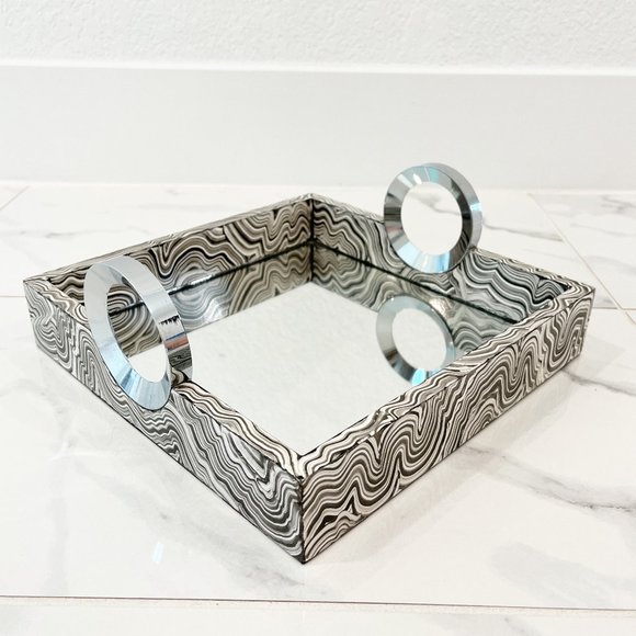 Square Black White Silver Geometric Contemporary Design Tray - Picture 2 of 8